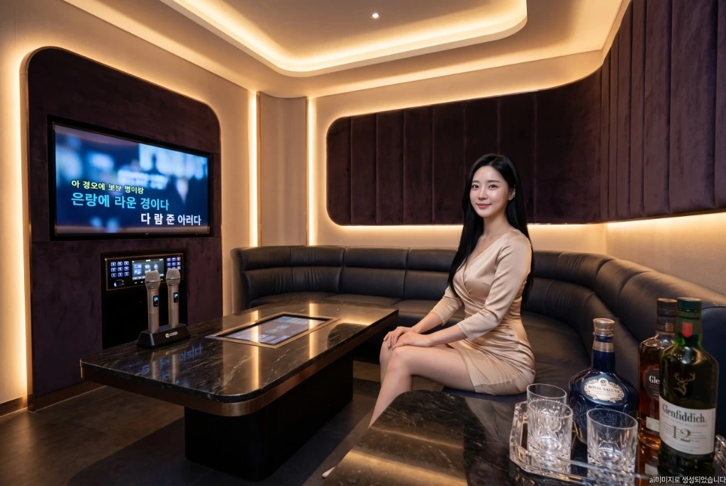 곡선형 벨벳 벽 마감과 매립형 화면이 있는 룸. 테이블 옆으로 긴 라운드 소파가 이어진다.