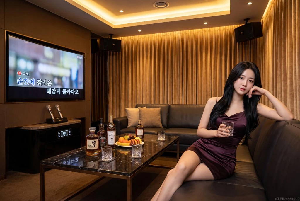 골드 커튼을 배경으로 넓은 가죽 소파가 놓이고 테이블에 위스키와 과일 접시가 차려진 룸.